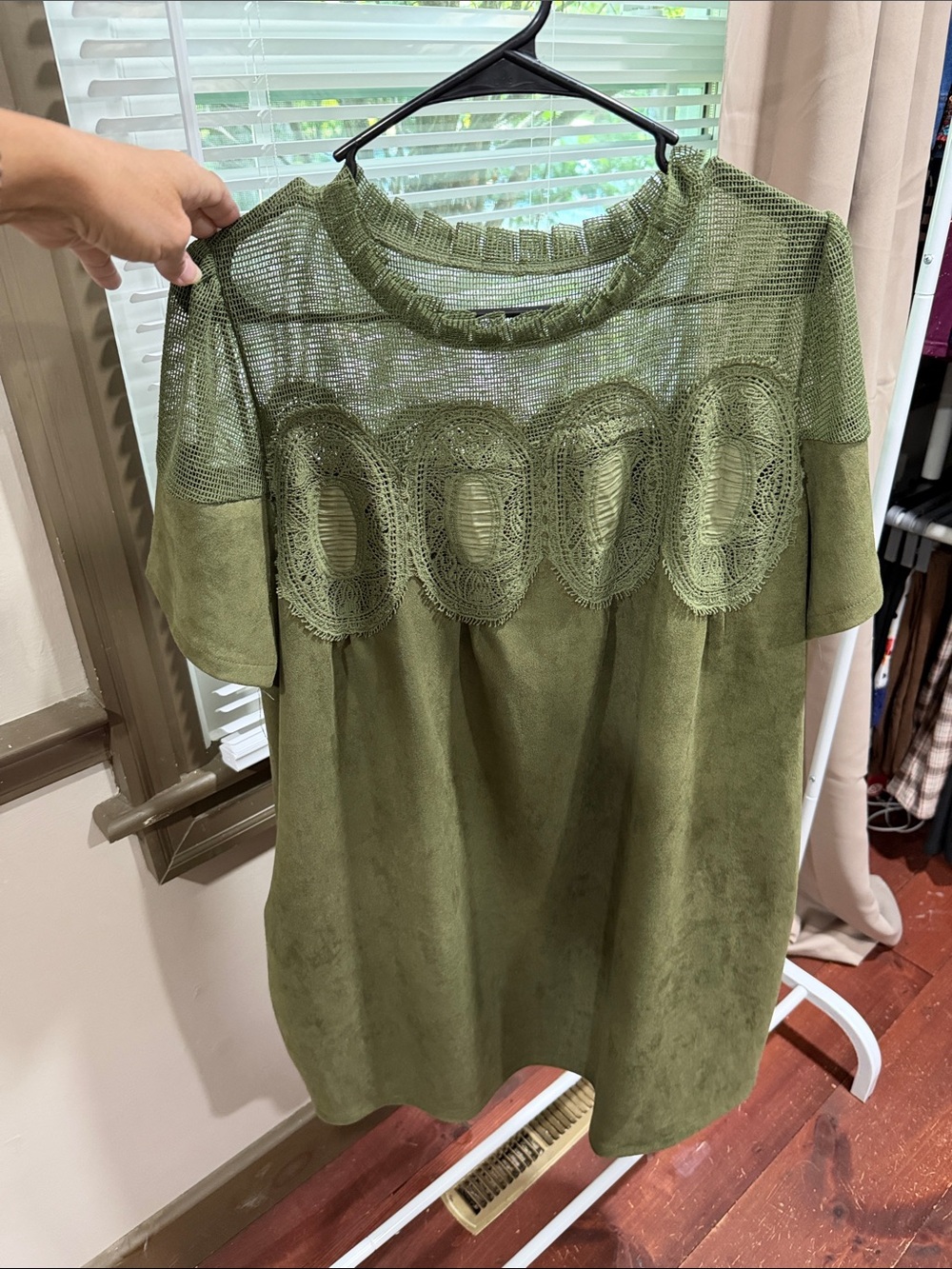 Olive Green Crochet Yoke Short Sleeve Women's dress - oversized fit